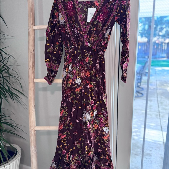 Aura The Label Maxi Dress, Maroon-Brown, Floral, V-Neck, 3/4 Sleeve, Handmade XS - Picture 3 of 7